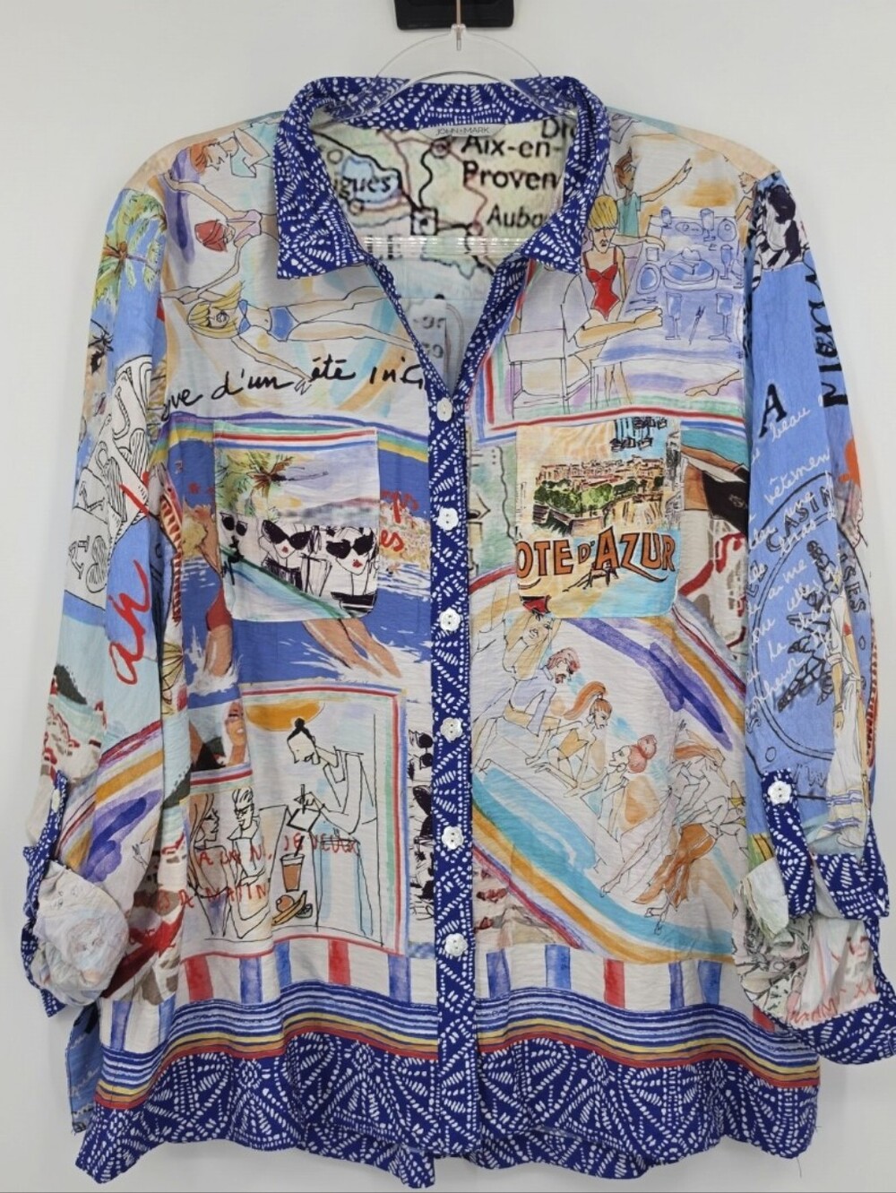 John Mark Long Sleeve Button Front Shirt PL Saint Tropez Print Roll Tab Sleeve